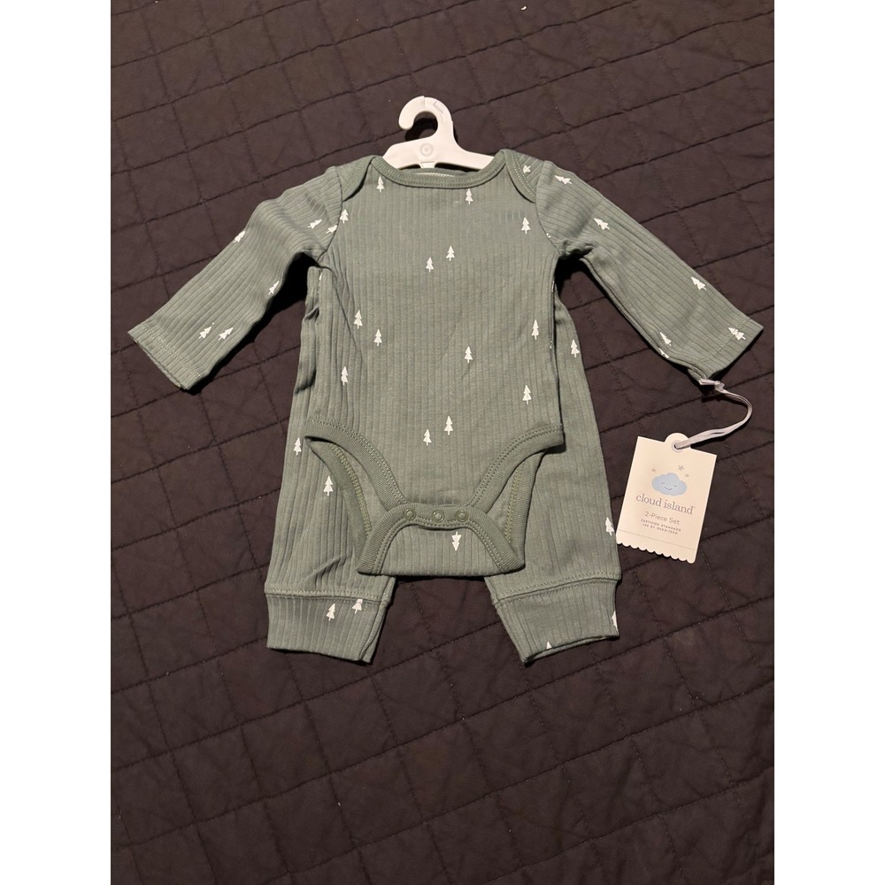 Cloud Island Baby 2-Piece Ribbed Bodysuit and Pants Set Sage Green Trees 3-6M